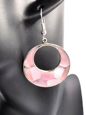 Vintage Alpaca Mexico Abalone Shell Earrings Dusty Rose Marked 1.25" VGC